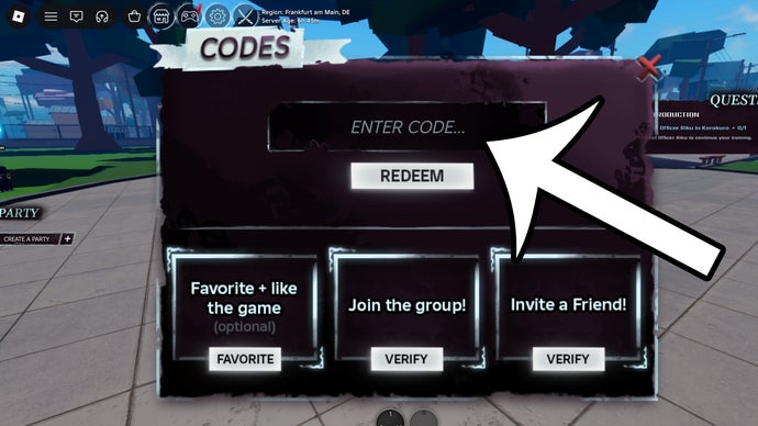 An arrow pointing at the codes menu of the Roblox game Hollow.