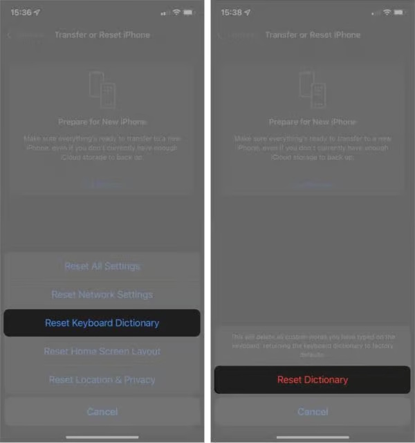 Reset lịch sử bàn phím