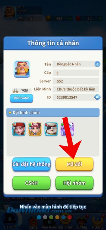 Nhấn vào nút Mã Đổi