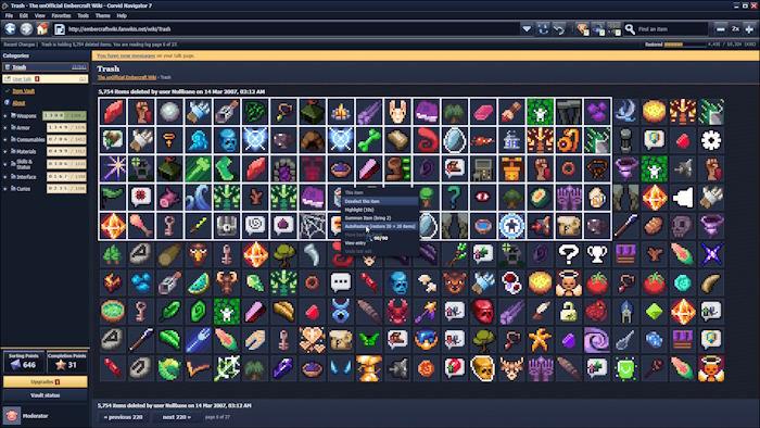 Sắp xếp item vào 7 mục: Weapons, Armor, Consumables, Materials, Skills & Status, Interface và Curios