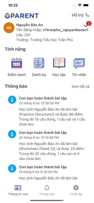 Giao diện chính của ứng dụng OLM Phụ huynh