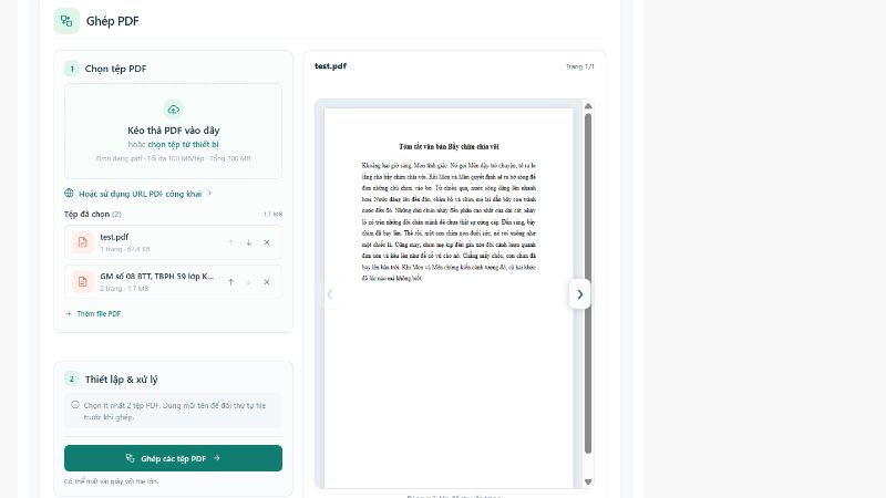 Hỗ trợ ghép nhiều tệp PDF thành một tài liệu