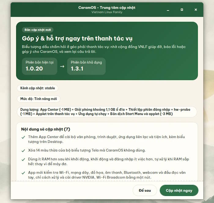 Trung tâm cập nhật - nâng cấp mà không cần cài đặt lại