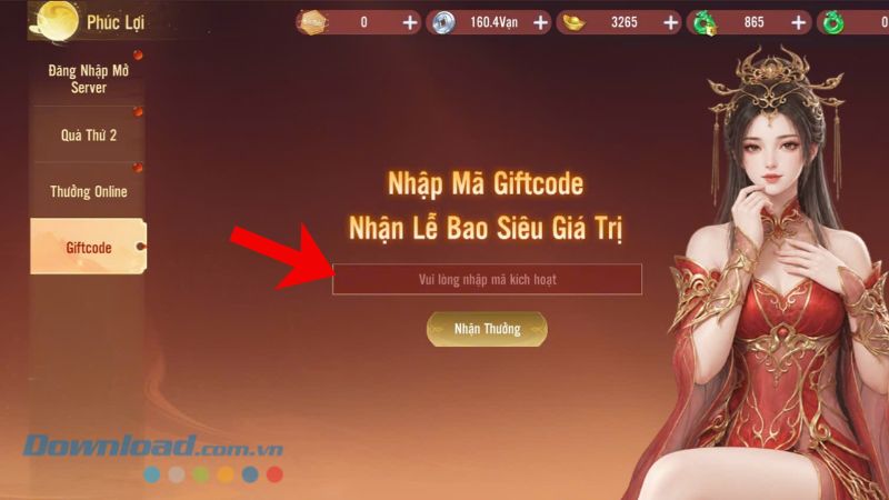 Nhập chính xác mã code > Chạm vào nút Nhận thưởng