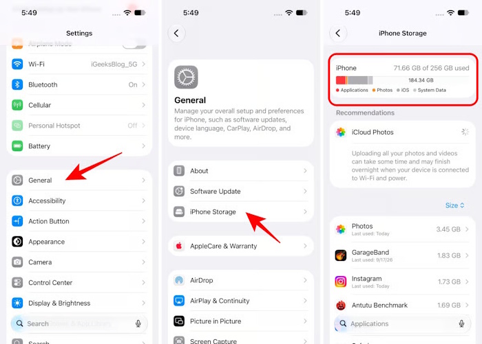 Kiểm tra dung lượng trên iPhone