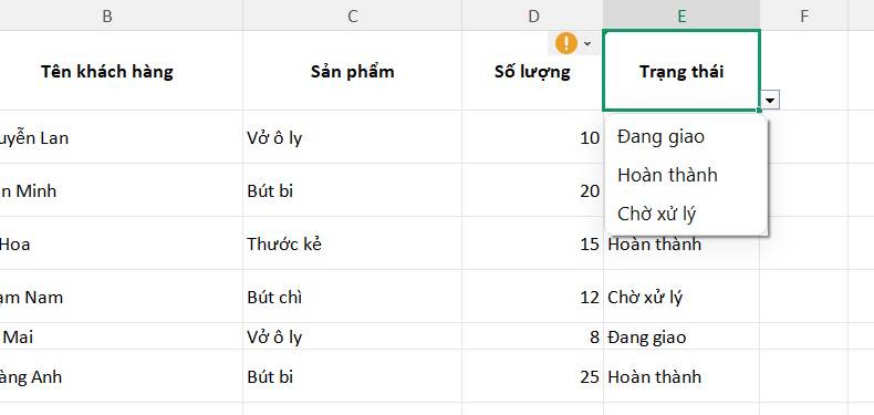 Menu thả xuống từ bảng tính