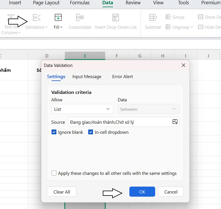 Tạo menu thả xuống bằng Data Validation