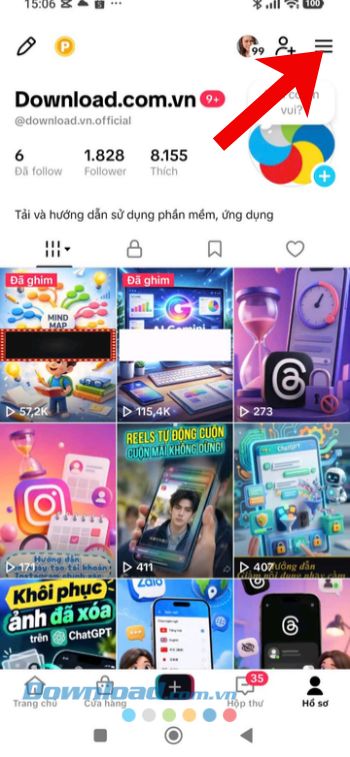 Chạm vào biểu tượng ba dấu gạch ngang