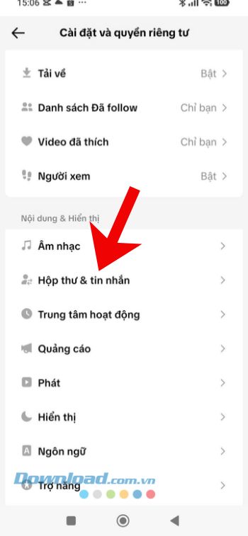 Ấn vào mục Hộp thư & tin nhắn