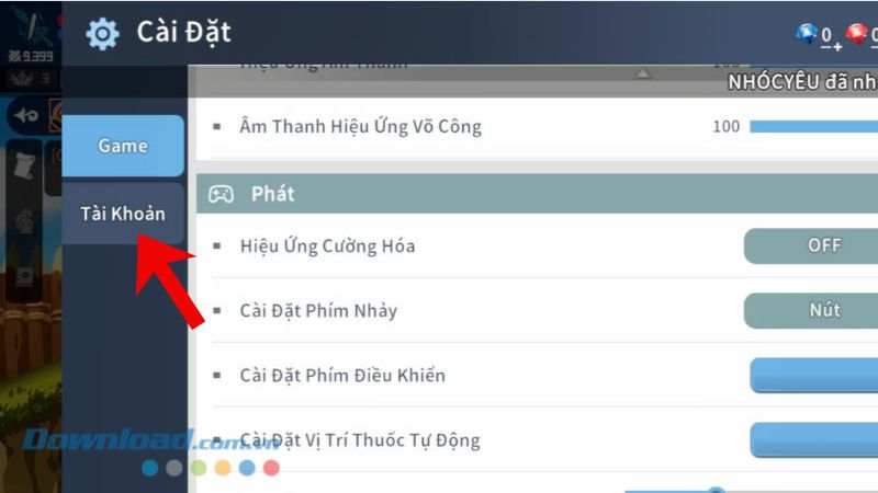 Nhấn vào mục Tài khoản.