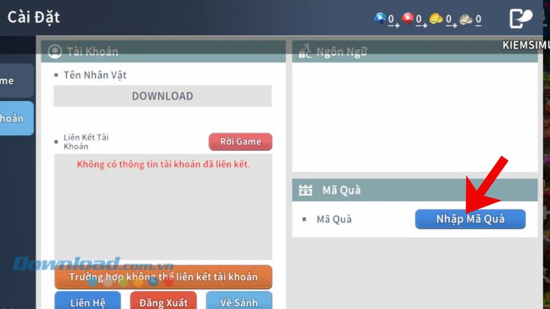 Ấn vào nút Nhập mã quà