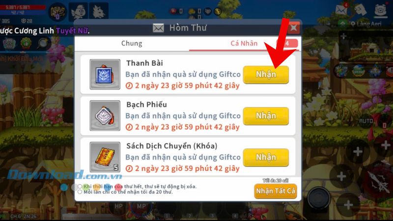 Ấn vào nút Nhận hoặc nút Nhận tất cả